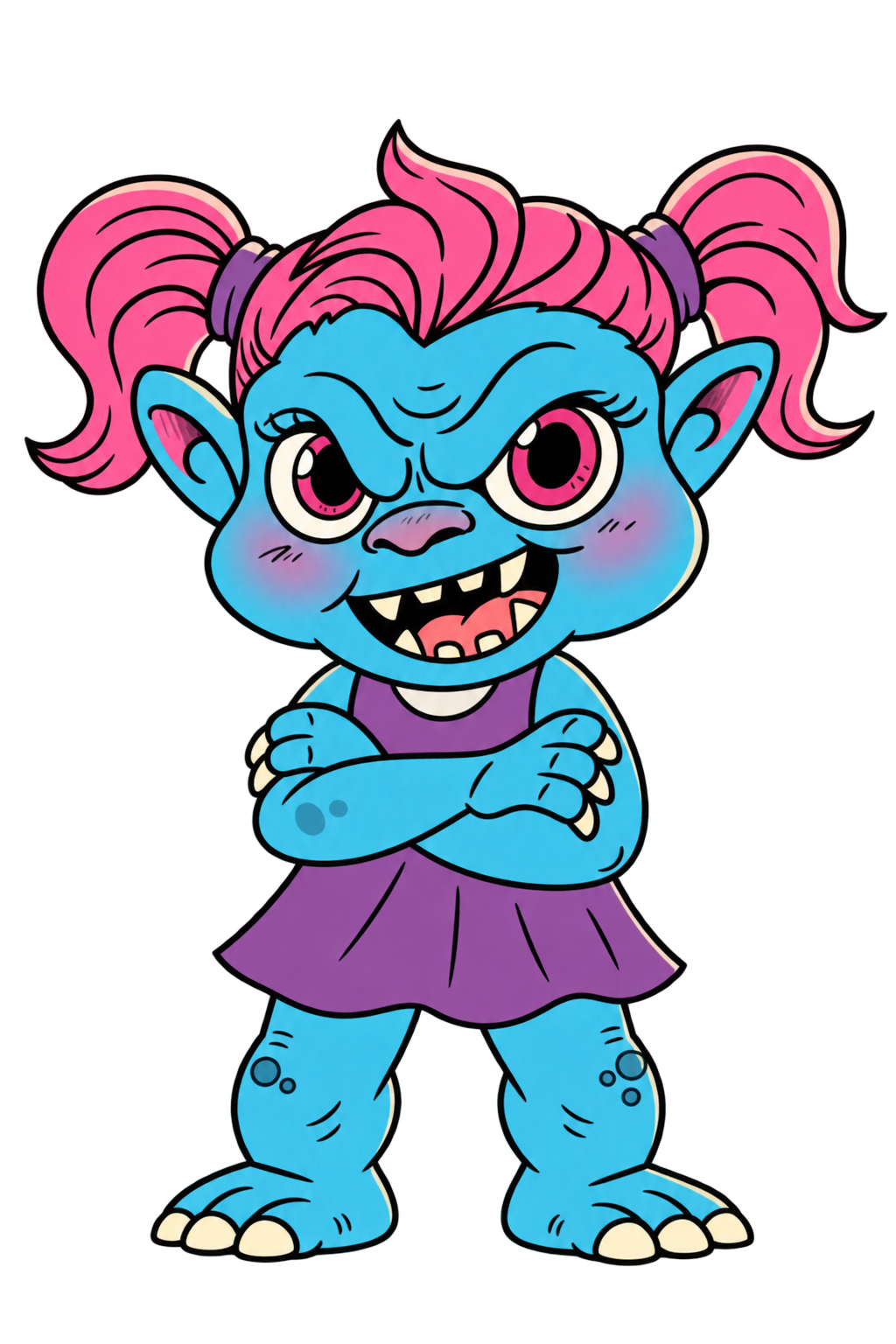 Nasty with pink pigtails, blue skin and a purple dress